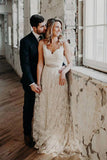 Ivory Lace A-line Beaded Spaghetti Straps Backless Boho Wedding Dresses, SW441