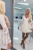 Ivory Lace A-line V-neck Open Back Long Sleeves Short Homecoming Dress, SH562 | lace homecoming dresses | graduation dresses | sweet 16 dresses | www.simidress.com