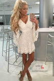 Ivory Lace A-line V-neck Open Back Long Sleeves Short Homecoming Dress, SH562