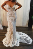 Ivory Lace Appliques Mermaid V-neck Spaghetti Straps Wedding Dresses, SW471 | cheap lace wedding dresses | wedding gowns | mermaid wedding dresses | cheap lace wedding dress | www.simidress.com