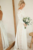 Ivory Lace Boho A-line Long Sleeves Backless Beach Wedding Dresses, SW438 | ivory lace wedding dresses | beach wedding dresses | bridal gowns | www.simidress.com