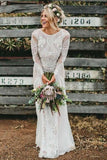 Ivory Lace Boho A-line Long Sleeves Backless Beach Wedding Dresses, SW438