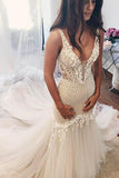 Ivory Lace Open Back Mermaid Wedding Dresses With Floral Appliques, SW451