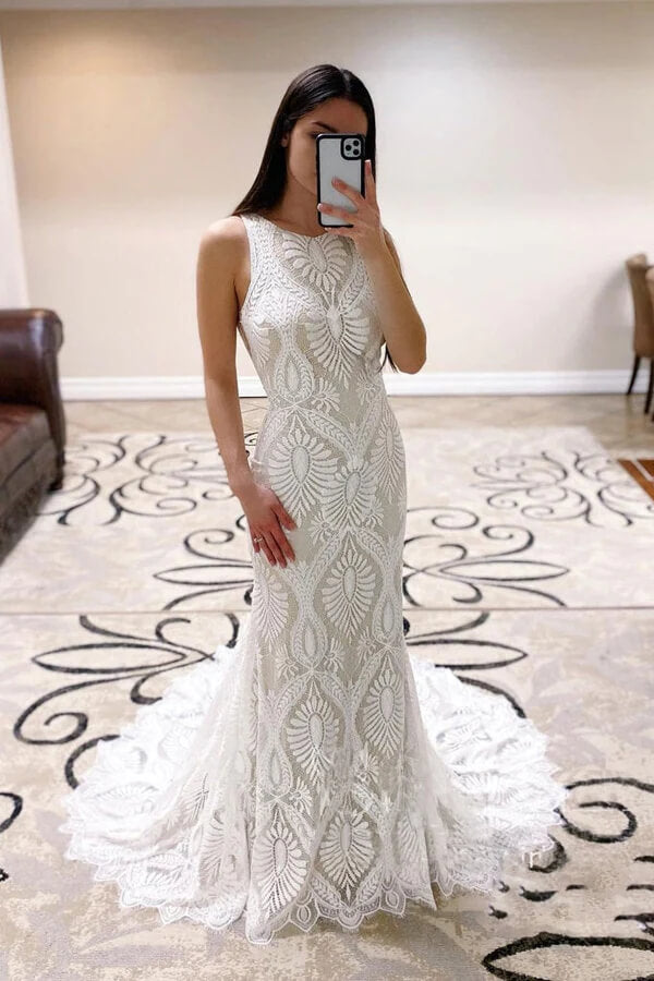 ​Ivory Lace Sheath Open Back Wedding Dresses With Court Train, Bridal Gown, SW534 | lace wedding dresses | wedding dresses online | cheap wedding dresses | www.simidress.com