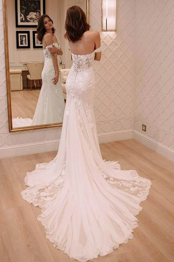 Ivory Mermaid Off Shoulder Court Train Lace Appliqued Wedding Dresses, SW526 | lace wedding dresses | wedding gown | bridal outfit | www.simidress.com