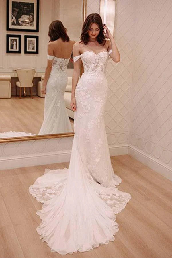 ​Ivory Mermaid Off Shoulder Court Train Lace Appliqued Wedding Dresses, SW526 | mermaid wedding dresses | tulle wedding dresses | wedding gown | www.simidress.com