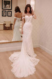 Ivory Mermaid Off Shoulder Court Train Lace Appliqued Wedding Dresses, SW526