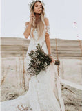Ivory Rustic Lace Mermaid Illusion Neckline Beach Wedding Dress With Train, SW302 | beach wedding dress | cheap lace wedding dress | wedding gown | simidress.com