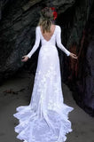 Ivory Rustic Sheath Long Sleeves Backless Beach Wedding Dresses, SW365 | long sleeves wedding dresses | beach wedding dress | a line wedding dresses | lace wedding gown | www.simidress.com