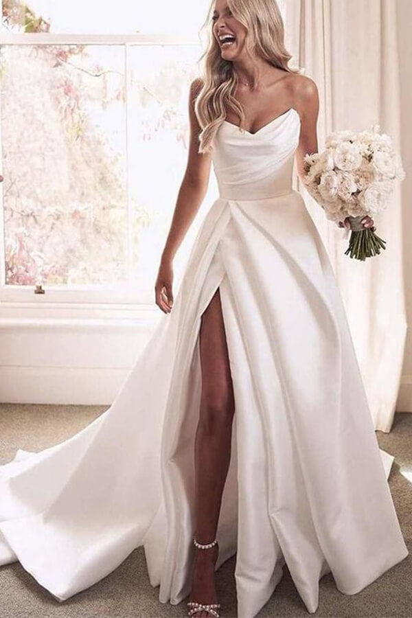Ivory Satin A-line Sweetheart Thigh Slit Wedding Dresses With Court train, SW473 | simple wedding dress | wedding gown | bridal outfit | www.simidress.com