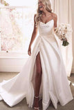 Ivory Satin A-line Sweetheart Thigh Slit Wedding Dresses With Court train, SW473 | simple wedding dress | wedding gown | bridal outfit | www.simidress.com