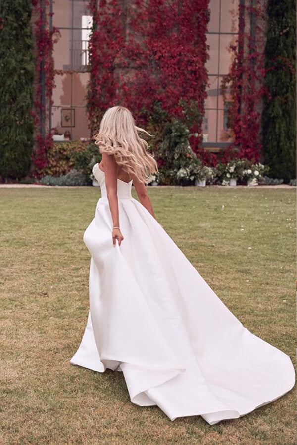 Ivory Satin A-line Sweetheart Thigh Slit Wedding Dresses With Court train, SW473 | satin wedding dresses | a line wedding dress | cheap wedding dress | www.simidress.com