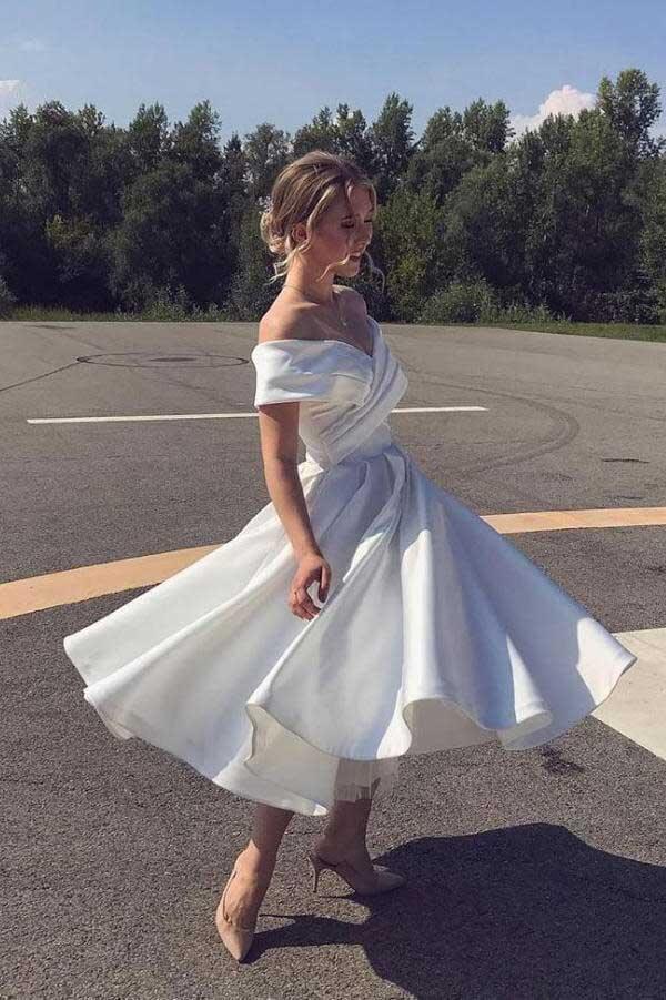 Ivory Satin A-line Tea Length Off-the-Shoulder Short Wedding Dresses, SW517 | ivory wedding dresses | short wedding gown | bridal gowns short | www.simidress.com