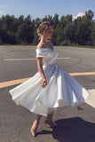 Ivory Satin A-line Tea Length Off-the-Shoulder Short Wedding Dresses, SW517 | ivory wedding dresses | short wedding gown | bridal gowns short | www.simidress.com