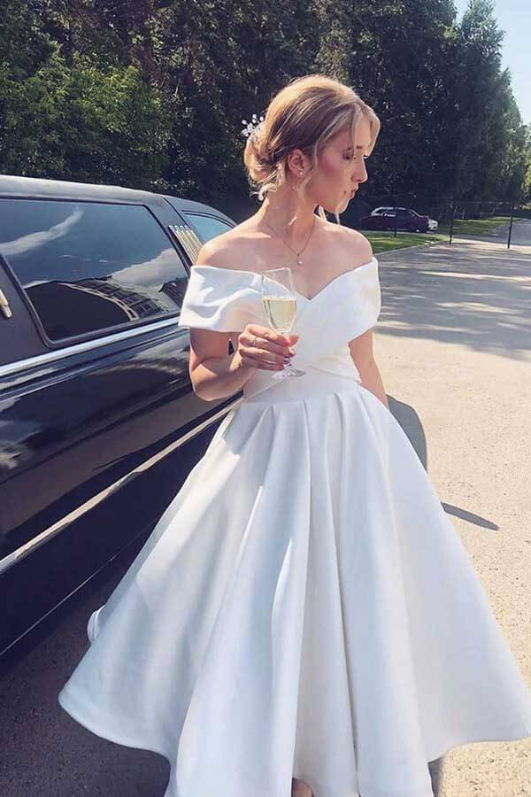 Ivory Satin A-line Tea Length Off-the-Shoulder Short Wedding Dresses, SW517 | a line wedding dresses | short wedding dresses | simple wedding dresses | www.simidress.com
