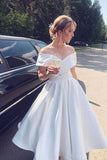 Ivory Satin A-line Tea Length Off-the-Shoulder Short Wedding Dresses, SW517 | a line wedding dresses | short wedding dresses | simple wedding dresses | www.simidress.com