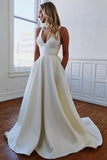 Ivory Satin A-line V-neck Wedding Dresses With Bowknot, Bridal Gown, SW494
