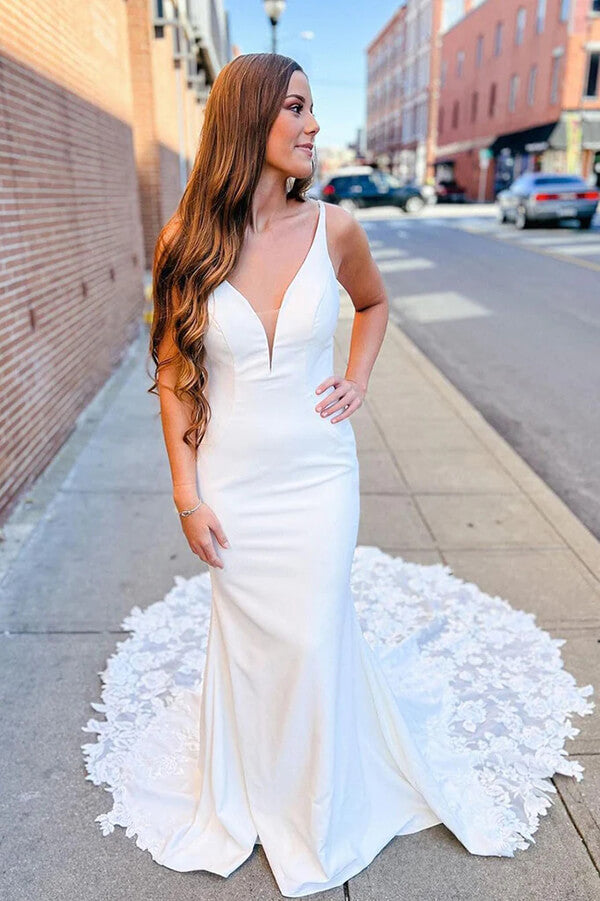Ivory Satin Mermaid V-neck Lace Appliques Wedding Dresses, Bridal Gown, SW598 | simple wedding dresses | mermaid wedding dresses | cheap lace wedding dresses | simidress.com