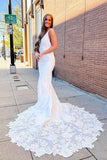Ivory Satin Mermaid V-neck Lace Appliques Wedding Dresses, Bridal Gown, SW598 | lace wedding  gown | bridal style | satin wedding dresses | simidress.com