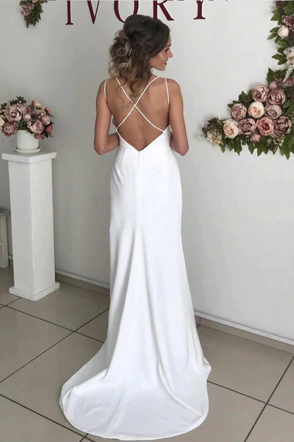 Ivory Satin Spaghetti Straps Sheath Wedding Dresses, Side Slit Bridal Gown, SW514 | simple wedding dresses | satin wedding dresses | a line wedding dresses | wedding gown | www.simidress.com