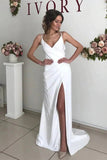 Ivory Satin Spaghetti Straps Sheath Wedding Dresses, Side Slit Bridal Gown, SW514