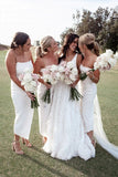 Ivory Sheath Spaghetti Straps Scoop Short Bridesmaid Dresses With Slit, BD128