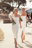 Ivory Sheath Spaghetti Straps Scoop Short Bridesmaid Dresses With Slit, BD128 | ivory bridesmaid dresses | wedding guest dresses | maid of honor's dresses | simidress.com
