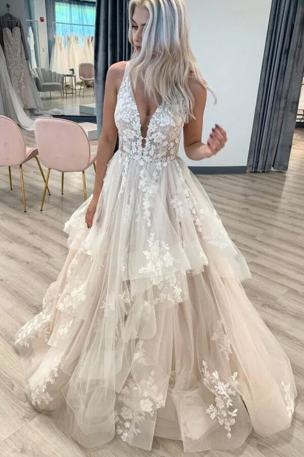 Tired Tulle A-line V-neck Floor Length Lace Wedding Dresses, Bridal Gown, SW585 | lace wedding gown | bridal styles | bohemian wedding dresses | simidress.com