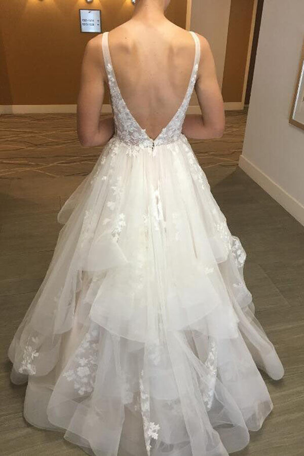 Tired Tulle A-line V-neck Floor Length Lace Wedding Dresses, Bridal Gown, SW585 | tulle wedding dresses | winter wedding dresses | vintage wedding dresses | simidress.com