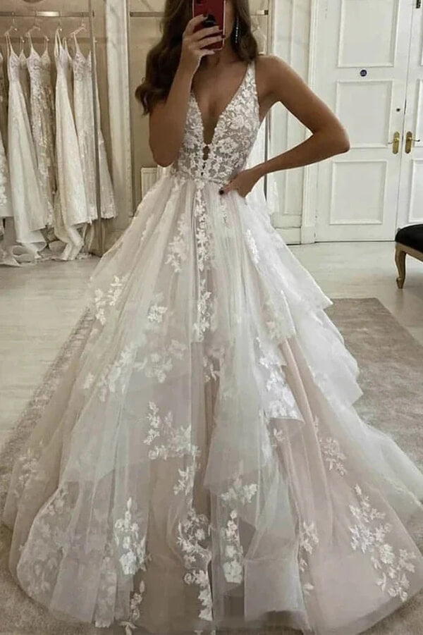 Tired Tulle A-line V-neck Floor Length Lace Wedding Dresses, Bridal Gown, SW585 | cheap lace wedding dresses | a line wedding dresses | floor length wedding dresses | simidress.com