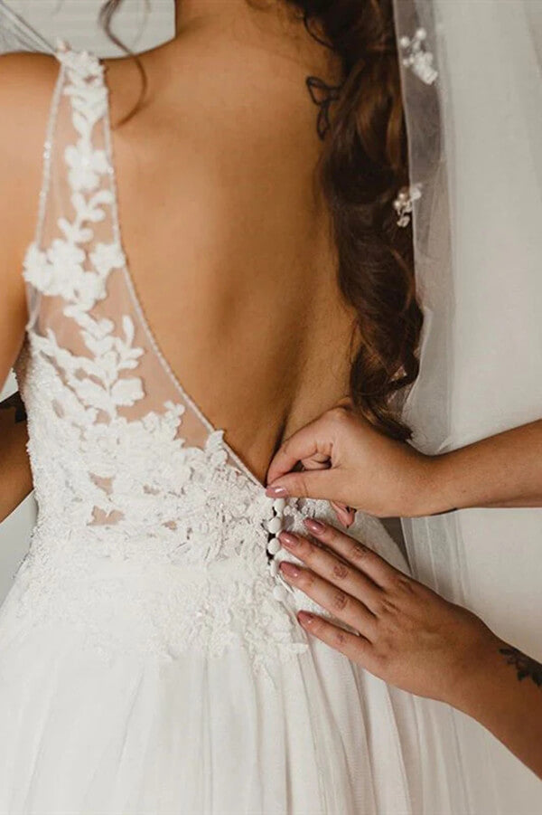 Ivory Tulle Lace A-line V-neck Wedding Dresses, Bridal Gowns With Side Slit, SW583 | wedding dresses online | wedding dresses stores | bohemian wedding dresses | simidress.com