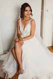 Ivory Tulle Lace A-line V-neck Wedding Dresses, Bridal Gowns With Side Slit, SW583