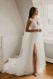 Ivory Tulle Lace A-line V-neck Wedding Dresses, Bridal Gowns With Side Slit, SW583 | tulle wedding dresses | a line wedding dresses | wedding gowns | simidress.com