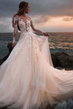 Ivory Tulle Long Sleeves Beach Wedding Dresses, Lace Wedding Gown, SW520 | cheap lace wedding dresses | tulle wedding dress | vintage wedding dresses | www.simidress.com