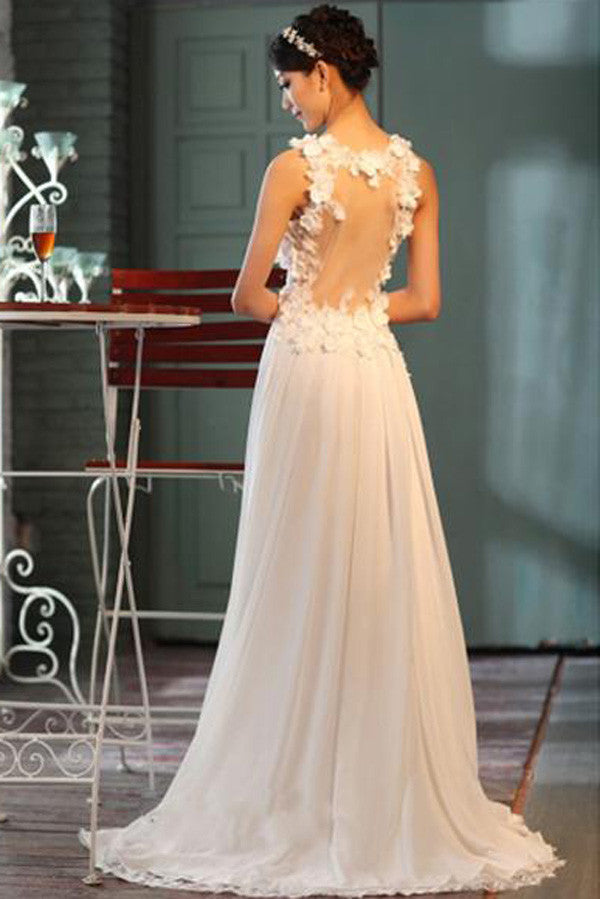 A-Line V-Neck Sheer Back Floor-Length Chiffon Wedding Dress,Wedding Gown,L11