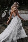 Lace A-line Deep V-neck Spaghetti Straps Wedding Dresses With Side Slit, SW474