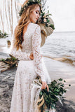 Lace A-line Floor-length Long Sleeves Boho Wedding Dress, Bridal Gown, SW480 | a line v neck wedding dresses | long sleeves wedding gown | beach wedding dresses | www.simidress.com