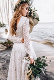 Lace A-line Floor-length Long Sleeves Boho Wedding Dress, Bridal Gown, SW480 | a line v neck wedding dresses | long sleeves wedding gown | beach wedding dresses | www.simidress.com