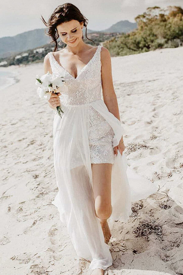 Lace A-line V-neck Short Beach Wedding Dresses SW590 Simidress