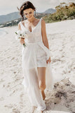 Lace A-line V-neck Short Beach Wedding Dresses With Detachable Train, SW590