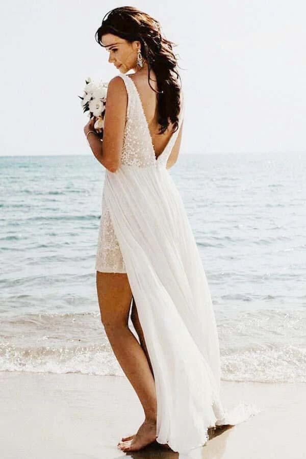 Lace A-line V-neck Short Beach Wedding Dresses SW590 | Simidress
