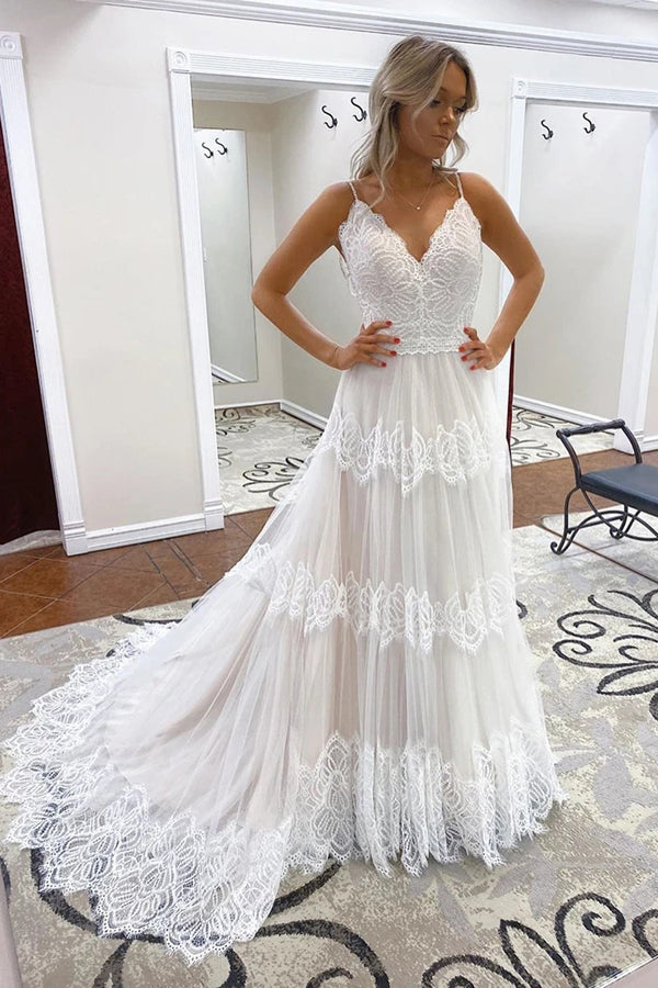 Lace A-line V-neck Spaghetti Straps Rustic Wedding Dresses, Bridal Gown, SW485 | a line lace wedding dress | tulle wedding dress | cheap wedding gown | www.simidress.com