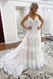 Lace A-line V-neck Spaghetti Straps Rustic Wedding Dresses, Bridal Gown, SW485