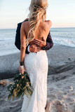 Lace Mermaid Backless Spaghetti Straps V-neck Beach Wedding Dresses, SW512 | cheap lace wedding dresses | long wedding dresses | wedding dresses | www.simidress.com