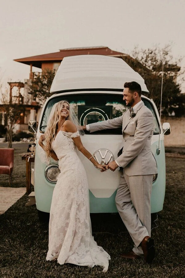 Lace Sheath Off-the-Shoulder Backless Wedding Dresses, Bridal Gowns, SW505 | sheath wedding dresses | boho wedding dresses | wedding gowns | www.simidress.com