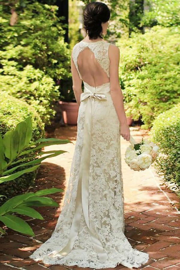 Lace Sheath V-neck Open Back Beach Wedding Dresses With Sweep Train, SW470 | beach wedding dresses | lace wedding dresses | wedding gowns | www.simidress.com