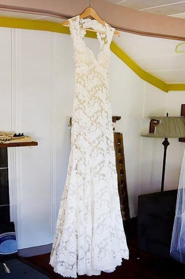 Lace Sheath V-neck Open Back Beach Wedding Dresses With Sweep Train, SW470 | lace wedding dresses online | wedding gowns | beach wedding dresses | www.simidress.com