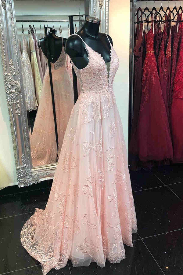 Lavender A-line V-neck Spaghetti Straps Lace Appliques Long Prom Dress, SP864 | pink prom dresses | evening gown | lace prom dresses | simidress.com