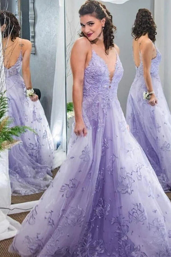 Lavender A-line V-neck Spaghetti Straps Lace Appliques Long Prom Dress, SP864 | purple prom dresses | cheap long prom dresses | evening dresses | simidress.com