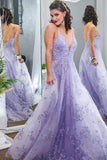Lavender A-line V-neck Spaghetti Straps Lace Appliques Long Prom Dress, SP864